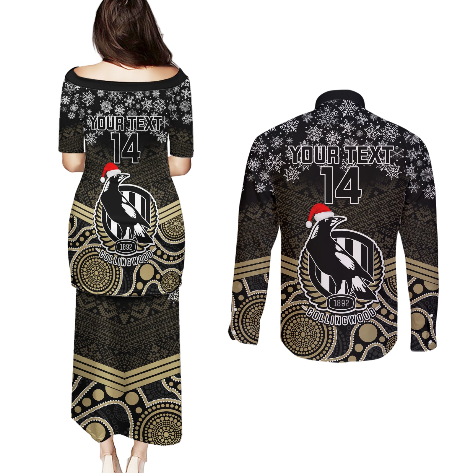 custom-collingwood-football-christmas-couples-matching-puletasi-dress-and-long-sleeve-button-shirt-merry-xmas-2023-mix-aboriginal-art