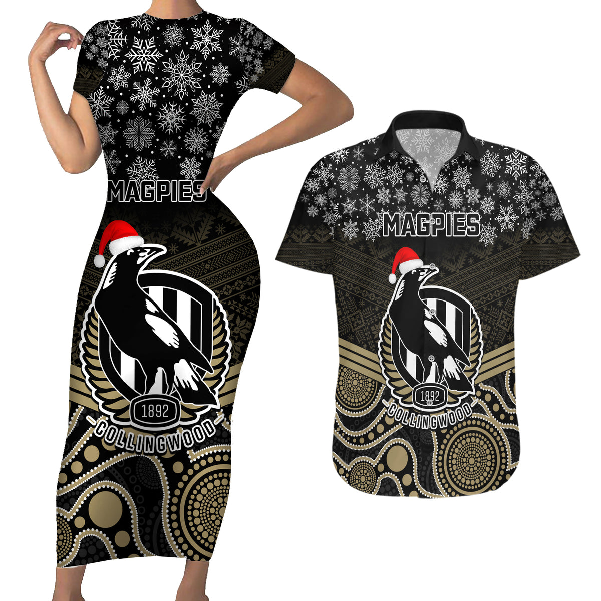 custom-collingwood-football-christmas-couples-matching-short-sleeve-bodycon-dress-and-hawaiian-shirt-merry-xmas-2023-mix-aboriginal-art