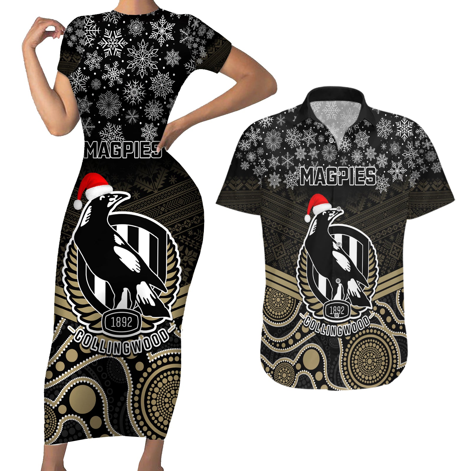 custom-collingwood-football-christmas-couples-matching-short-sleeve-bodycon-dress-and-hawaiian-shirt-merry-xmas-2023-mix-aboriginal-art