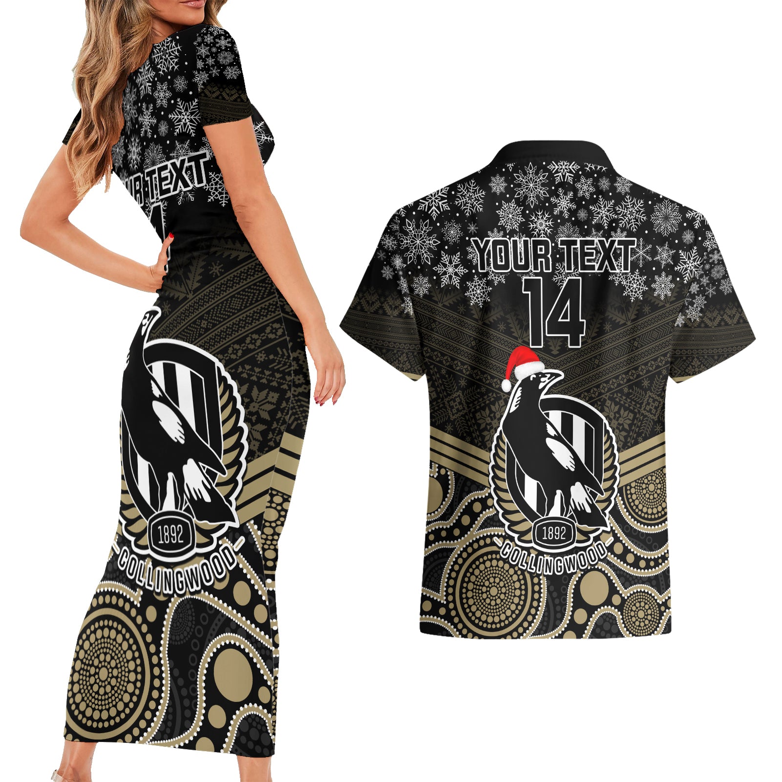 custom-collingwood-football-christmas-couples-matching-short-sleeve-bodycon-dress-and-hawaiian-shirt-merry-xmas-2023-mix-aboriginal-art
