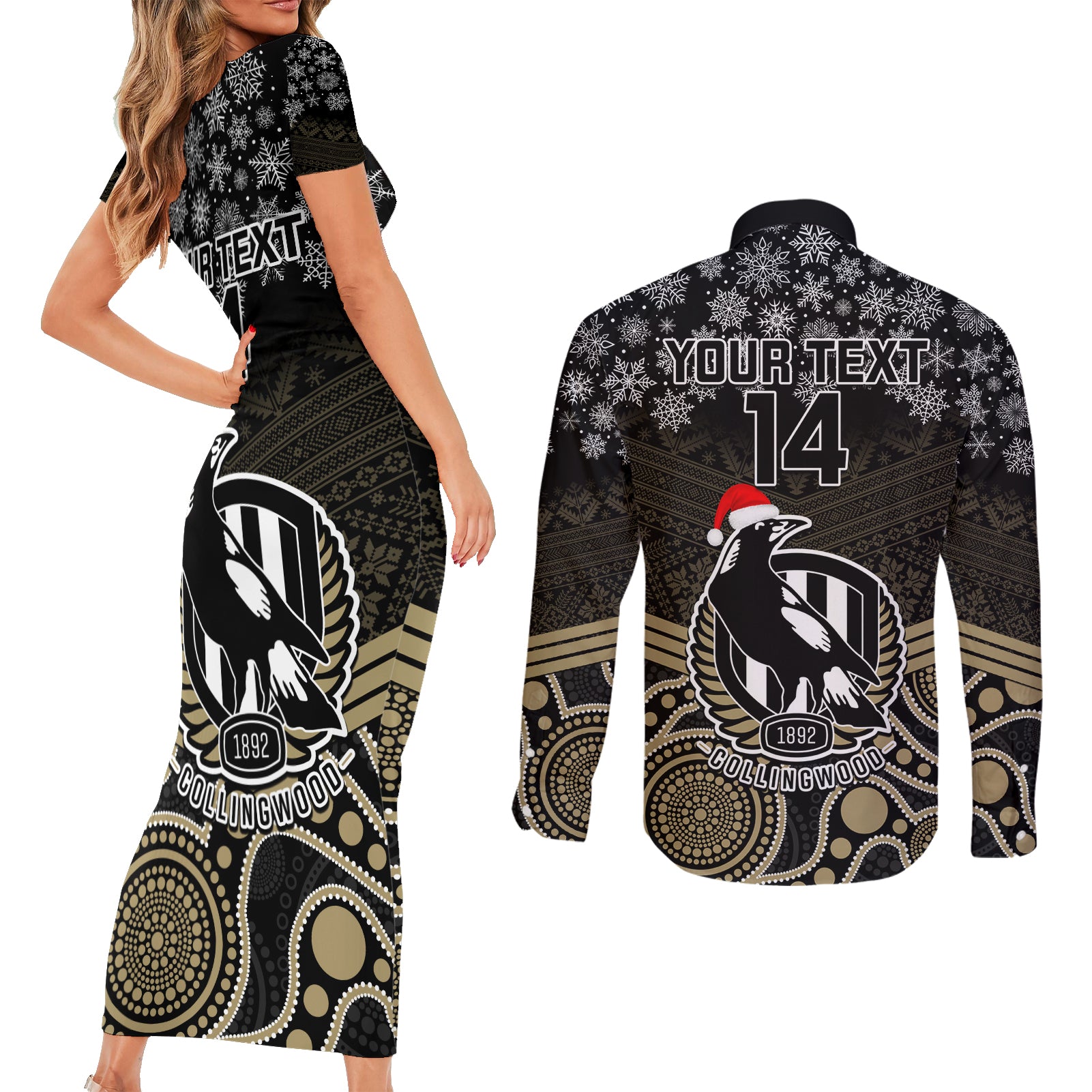 custom-collingwood-football-christmas-couples-matching-short-sleeve-bodycon-dress-and-long-sleeve-button-shirt-merry-xmas-2023-mix-aboriginal-art