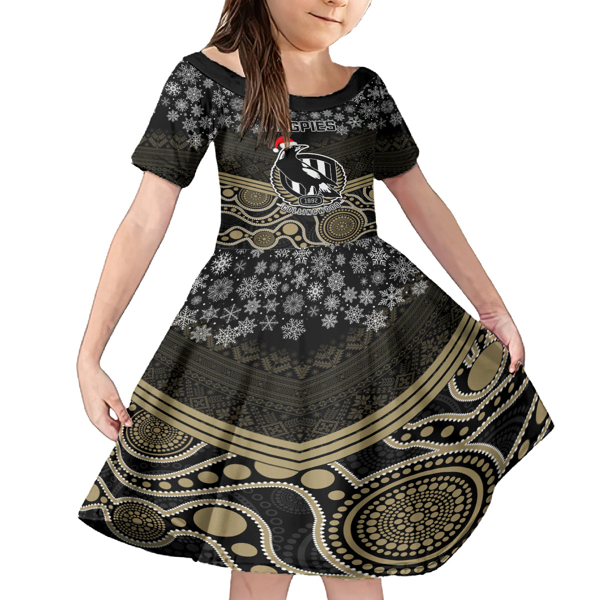 custom-collingwood-football-christmas-kid-short-sleeve-dress-merry-xmas-2023-mix-aboriginal-art