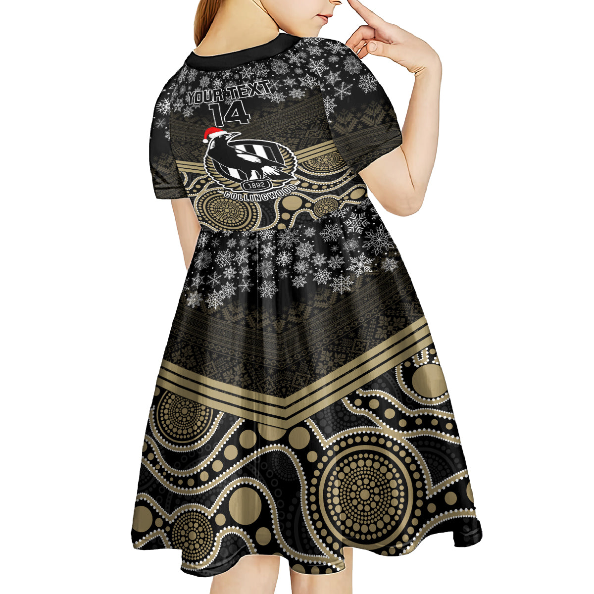 custom-collingwood-football-christmas-kid-short-sleeve-dress-merry-xmas-2023-mix-aboriginal-art