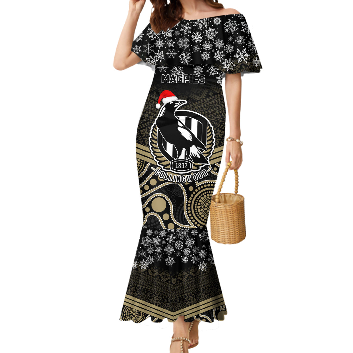 custom-collingwood-football-christmas-mermaid-dress-merry-xmas-2023-mix-aboriginal-art