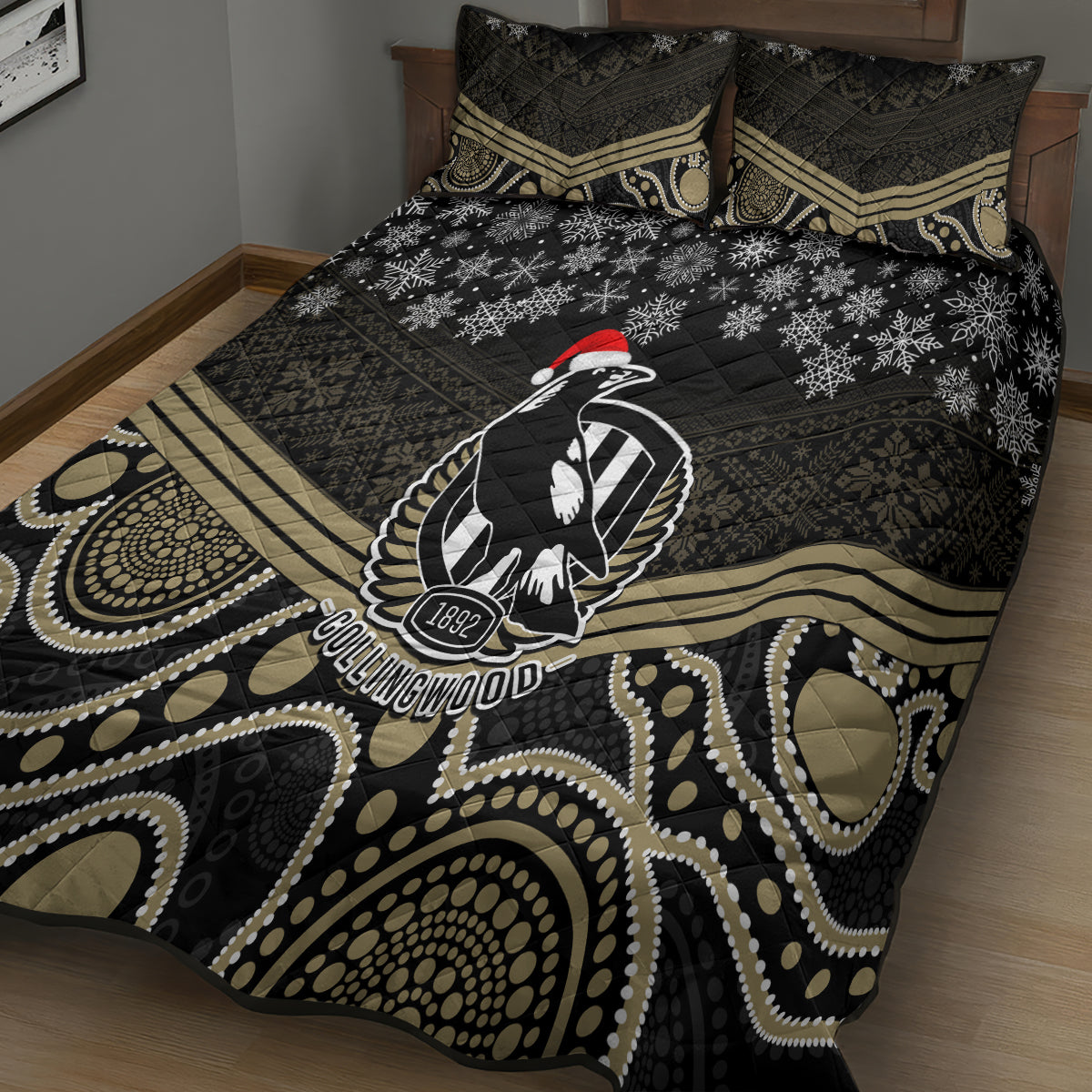 custom-collingwood-football-christmas-quilt-bed-set-merry-xmas-2023-mix-aboriginal-art
