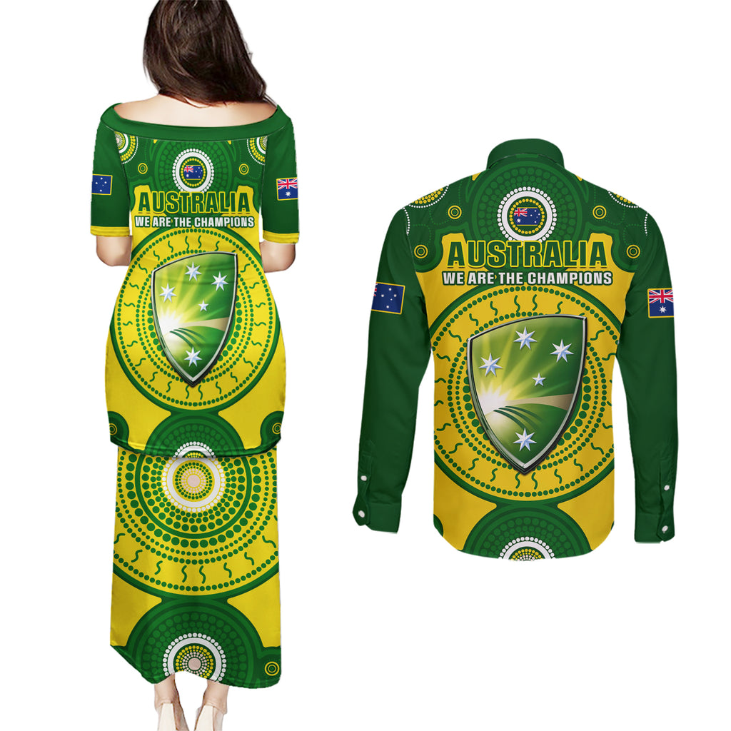 australia-cricket-couples-matching-puletasi-dress-and-long-sleeve-button-shirt-2023-world-cup-6th-champions-trophy-national-color
