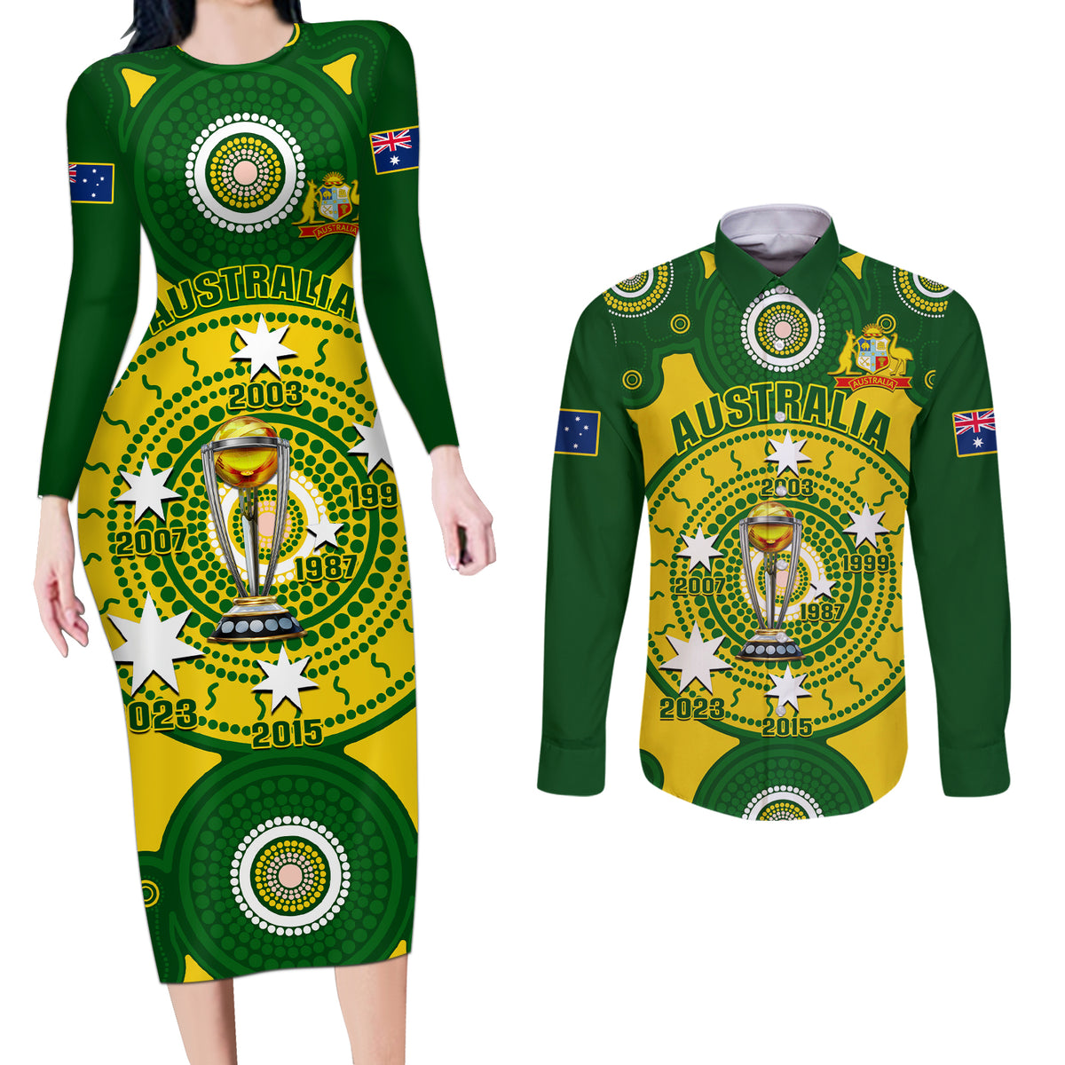personalised-australia-cricket-couples-matching-long-sleeve-bodycon-dress-and-long-sleeve-button-shirt-2023-world-cup-6th-champions-trophy-national-color