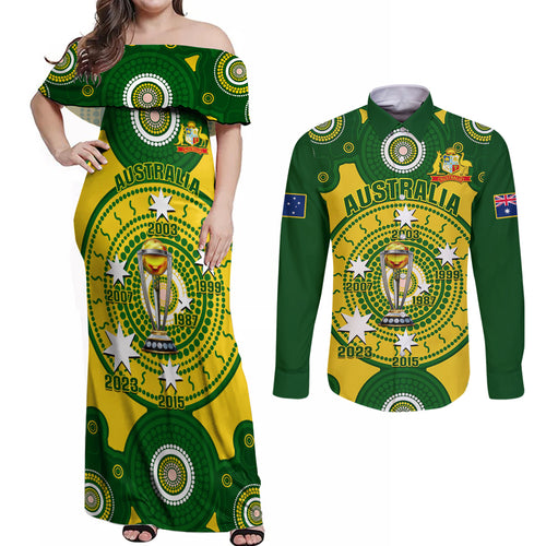 personalised-australia-cricket-couples-matching-off-shoulder-maxi-dress-and-long-sleeve-button-shirt-2023-world-cup-6th-champions-trophy-national-color