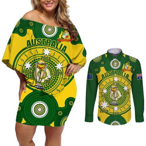 personalised-australia-cricket-couples-matching-off-shoulder-short-dress-and-long-sleeve-button-shirt-2023-world-cup-6th-champions-trophy-national-color