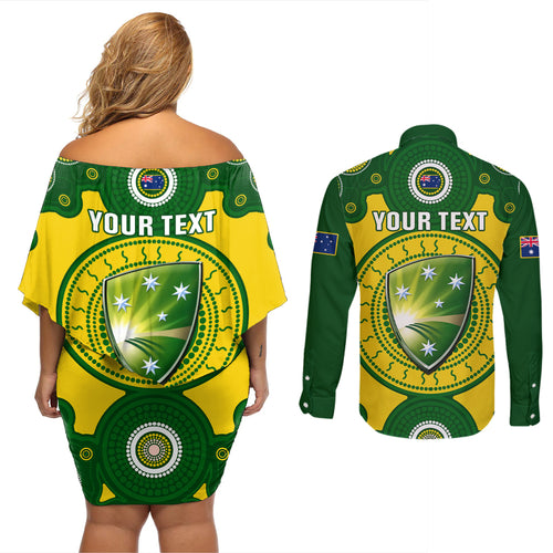 personalised-australia-cricket-couples-matching-off-shoulder-short-dress-and-long-sleeve-button-shirt-2023-world-cup-6th-champions-trophy-national-color