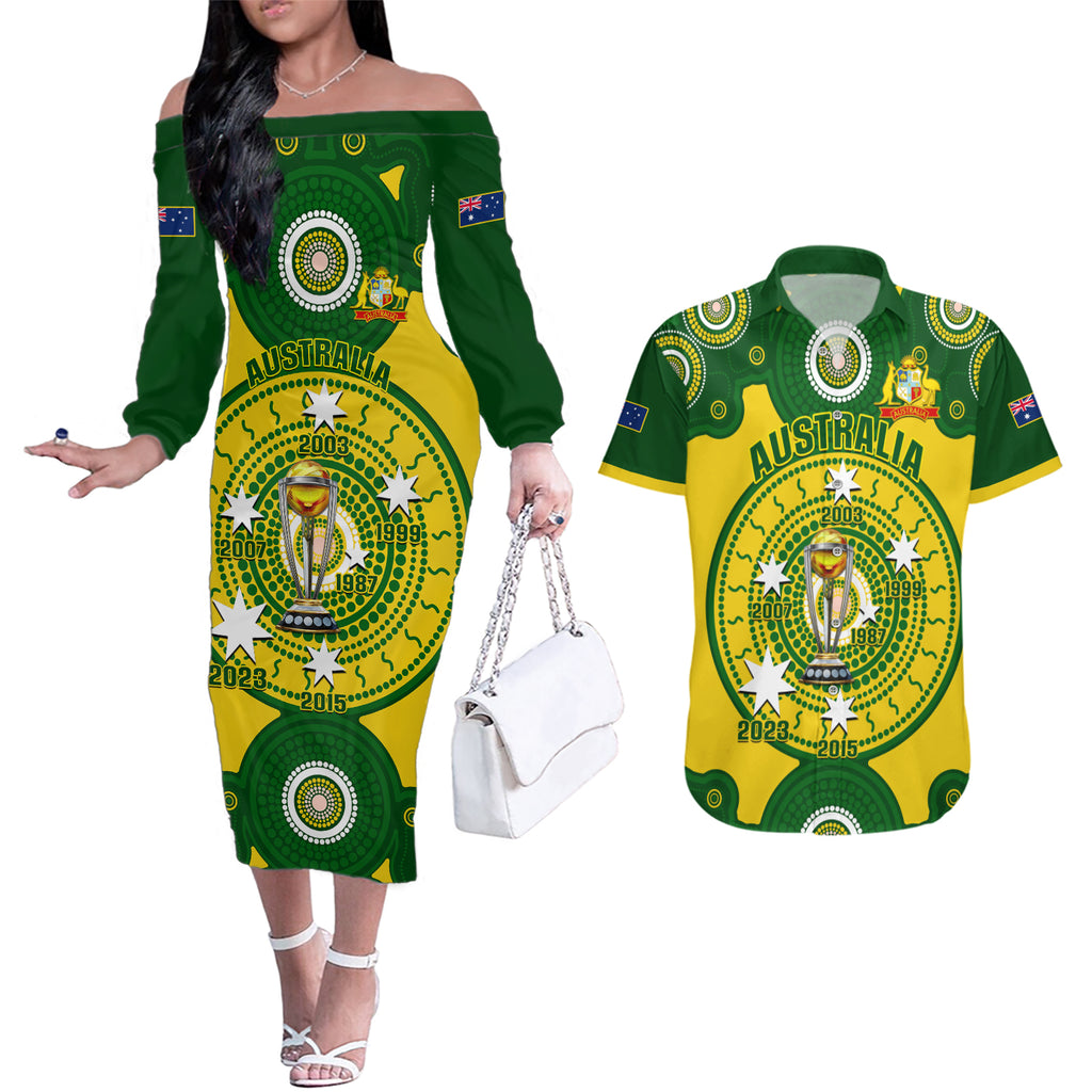 personalised-australia-cricket-couples-matching-off-the-shoulder-long-sleeve-dress-and-hawaiian-shirt-2023-world-cup-6th-champions-trophy-national-color
