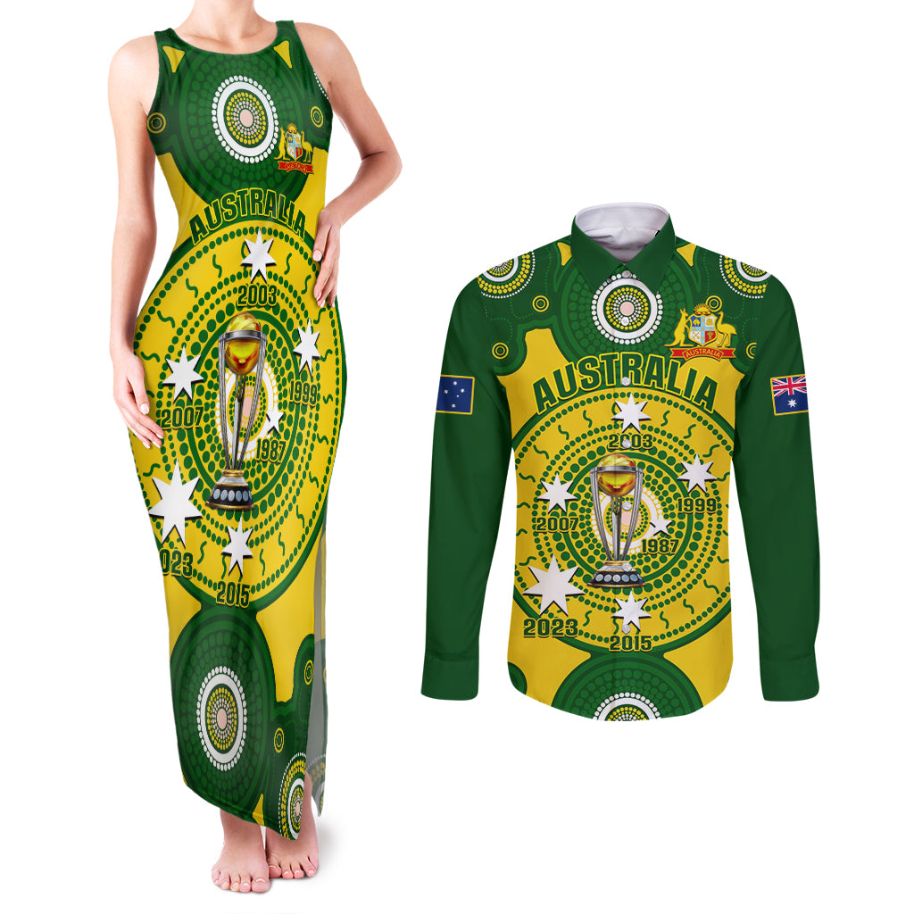 personalised-australia-cricket-couples-matching-tank-maxi-dress-and-long-sleeve-button-shirt-2023-world-cup-6th-champions-trophy-national-color