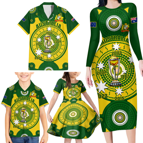 personalised-australia-cricket-family-matching-long-sleeve-bodycon-dress-and-hawaiian-shirt-2023-world-cup-6th-champions-trophy-national-color