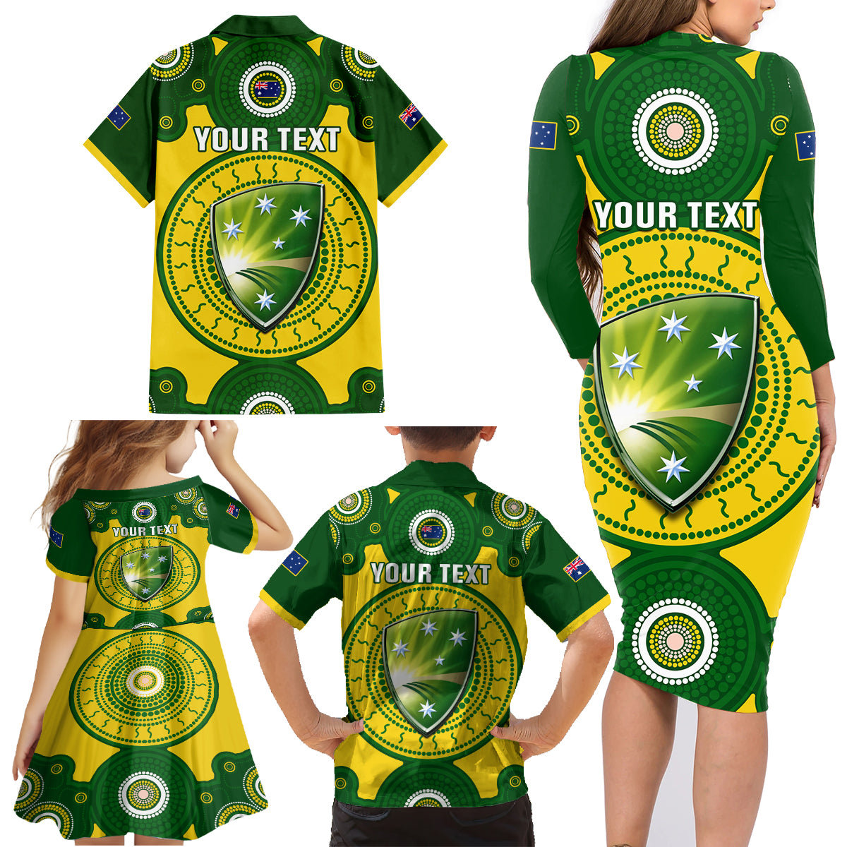personalised-australia-cricket-family-matching-long-sleeve-bodycon-dress-and-hawaiian-shirt-2023-world-cup-6th-champions-trophy-national-color