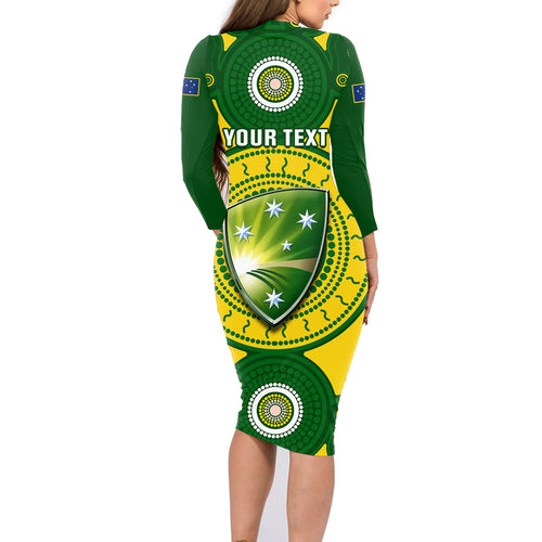 personalised-australia-cricket-family-matching-long-sleeve-bodycon-dress-and-hawaiian-shirt-2023-world-cup-6th-champions-trophy-national-color