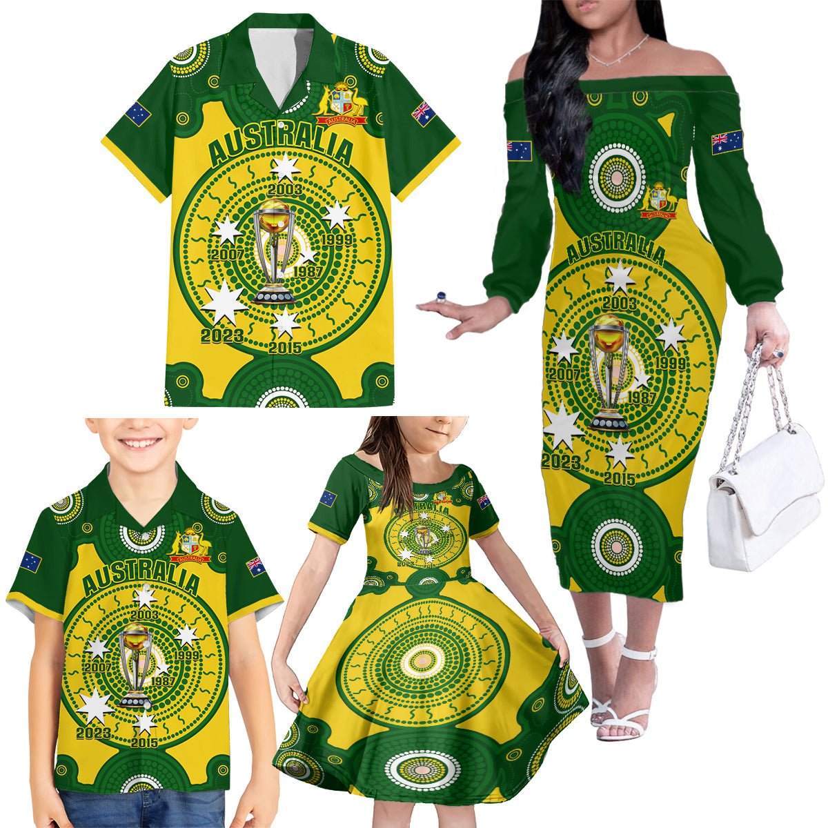 personalised-australia-cricket-family-matching-off-shoulder-long-sleeve-dress-and-hawaiian-shirt-2023-world-cup-6th-champions-trophy-national-color