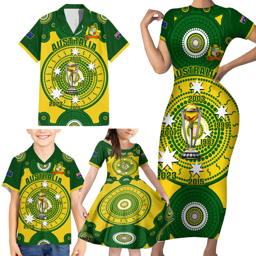 personalised-australia-cricket-family-matching-short-sleeve-bodycon-dress-and-hawaiian-shirt-2023-world-cup-6th-champions-trophy-national-color