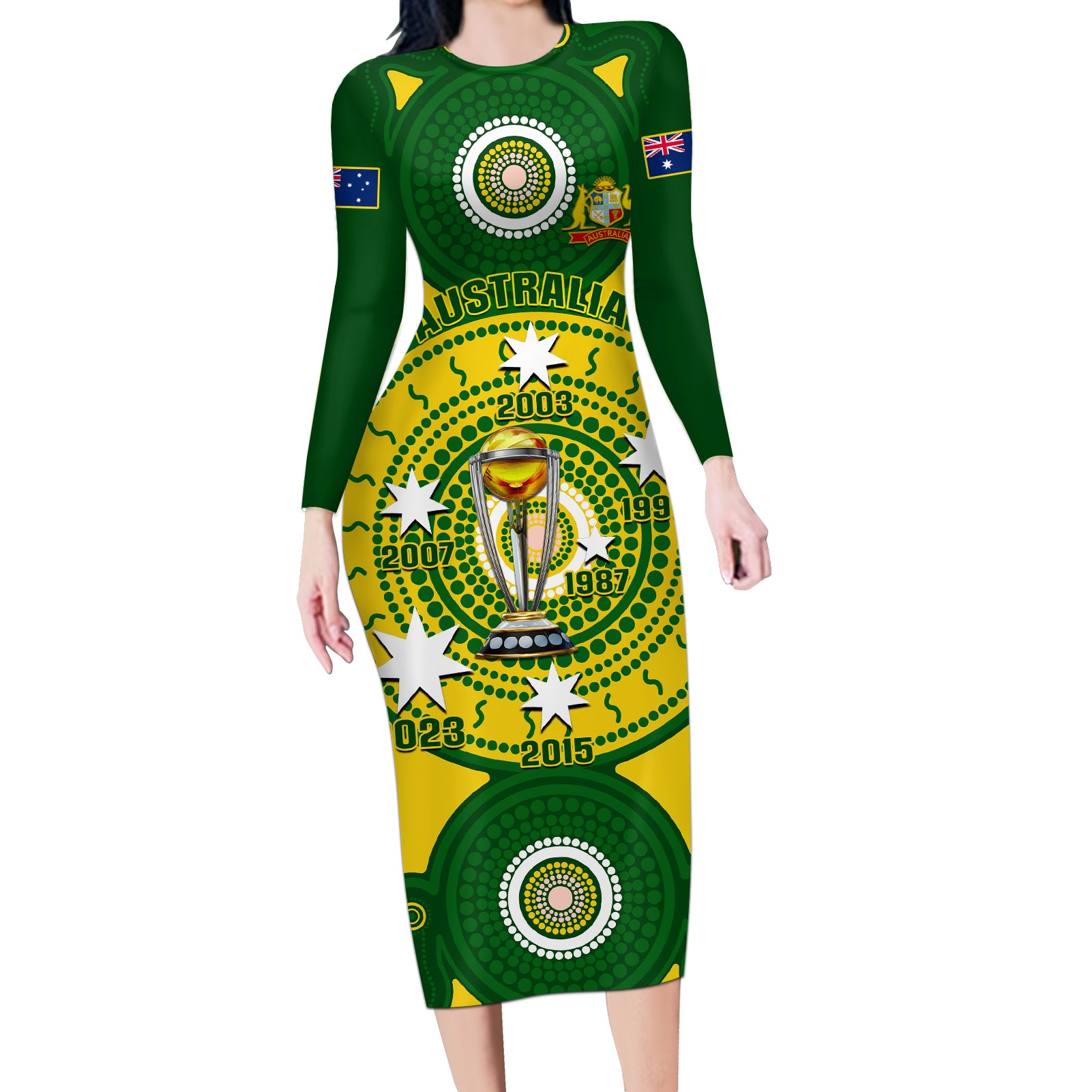 personalised-australia-cricket-long-sleeve-bodycon-dress-2023-world-cup-6th-champions-trophy-national-color