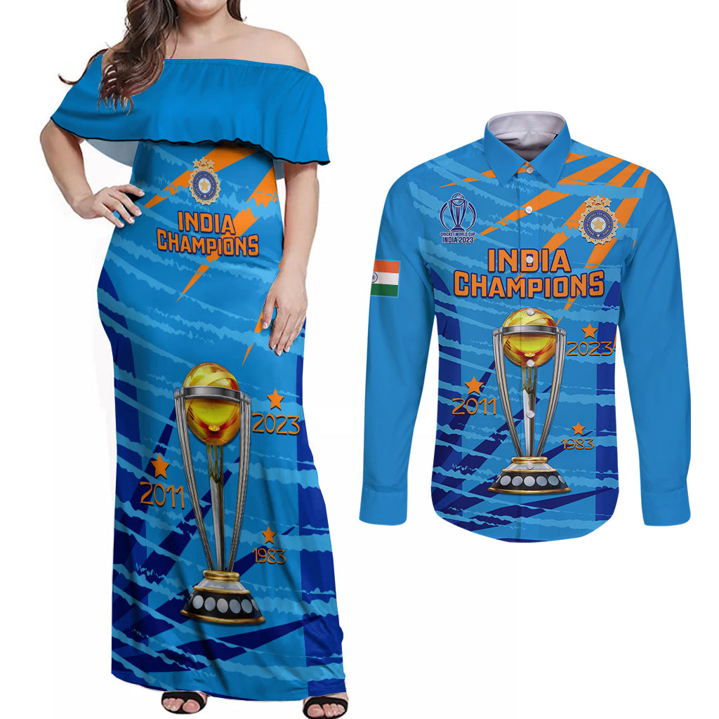 custom-india-cricket-couples-matching-off-shoulder-maxi-dress-and-long-sleeve-button-shirt-2023-world-cup-3rd-champions-proud