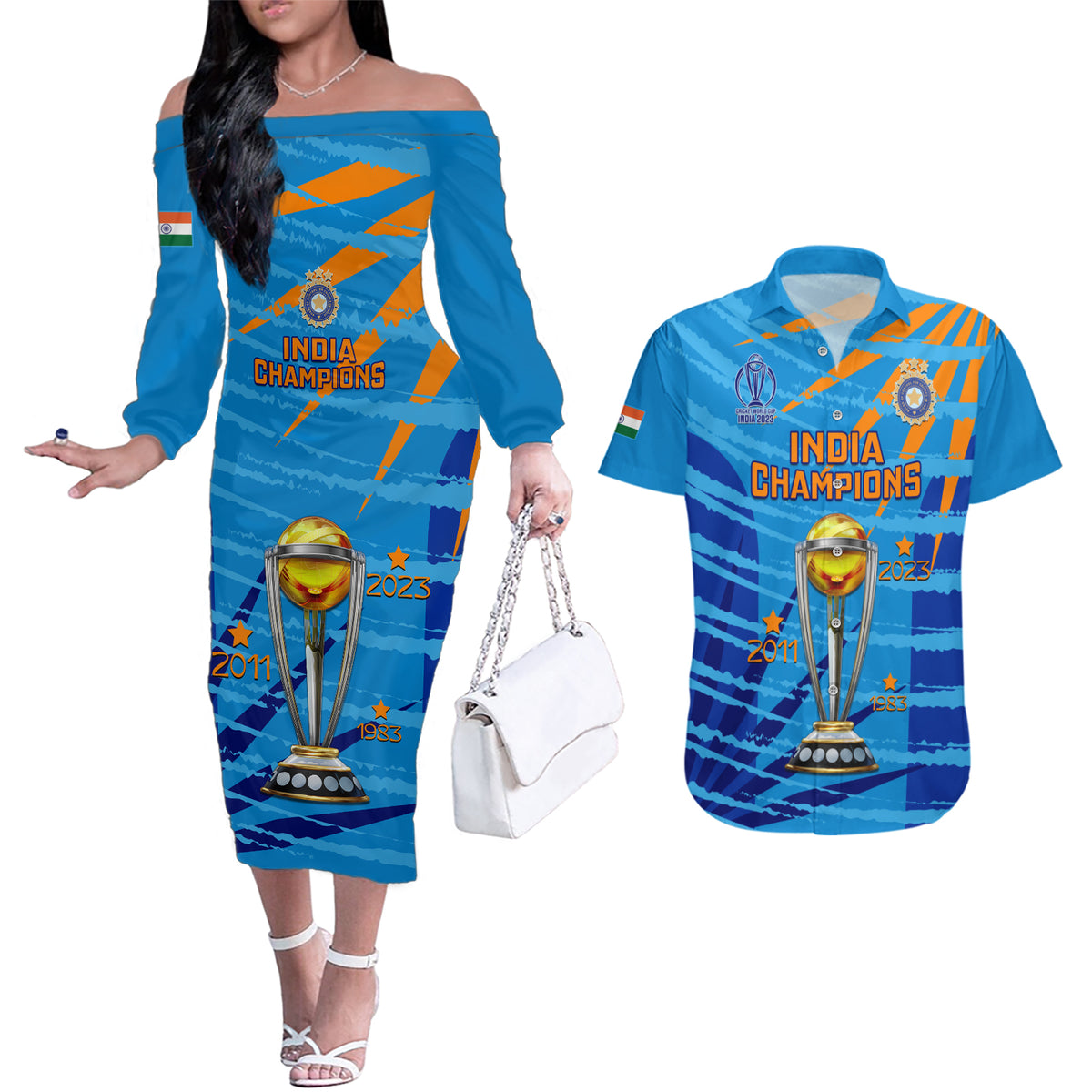 custom-india-cricket-couples-matching-off-the-shoulder-long-sleeve-dress-and-hawaiian-shirt-2023-world-cup-3rd-champions-proud