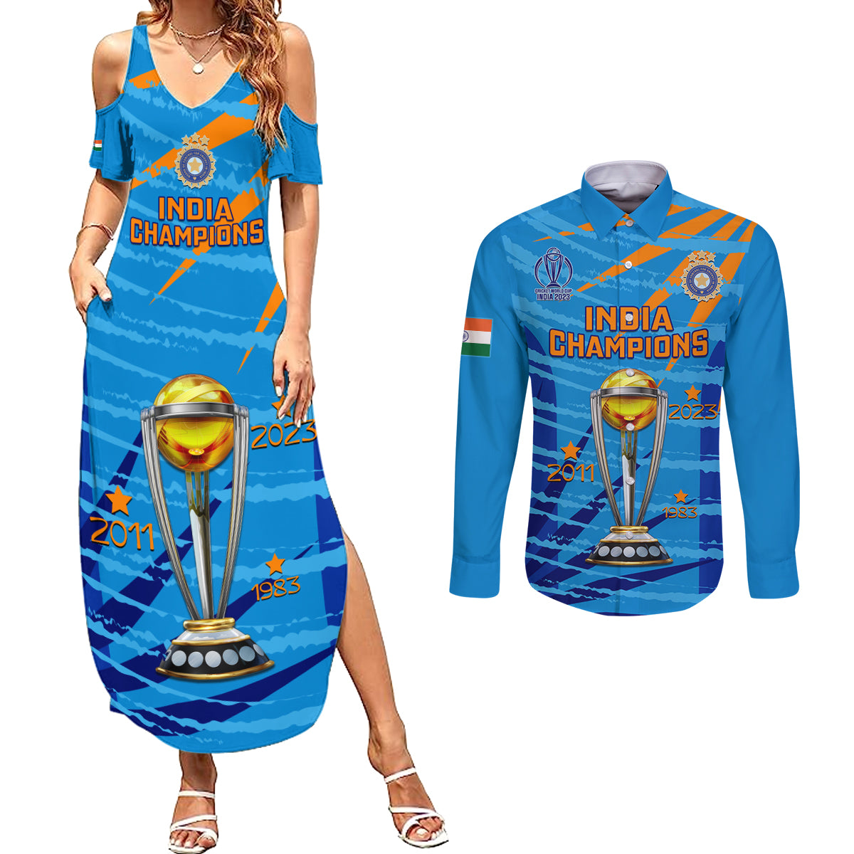 custom-india-cricket-couples-matching-summer-maxi-dress-and-long-sleeve-button-shirt-2023-world-cup-3rd-champions-proud