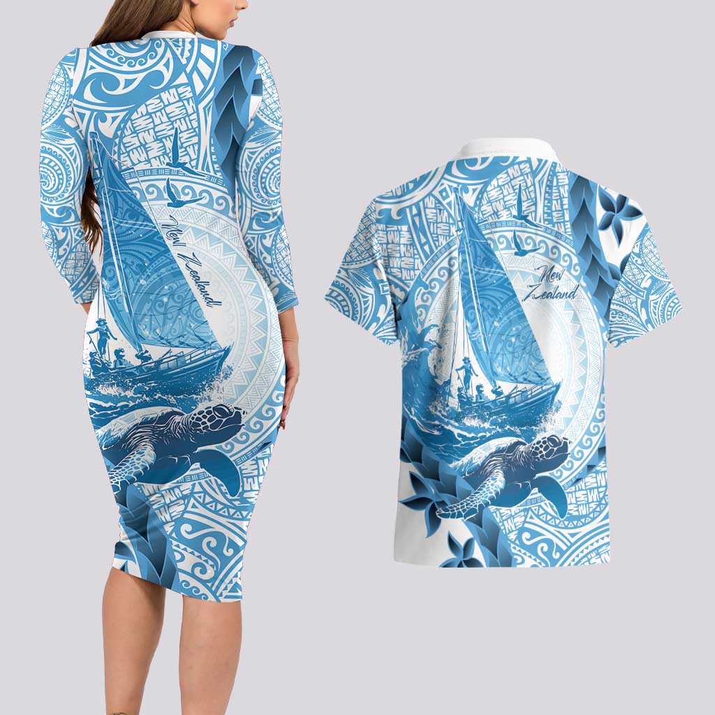New Zealand Saling Couples Matching Long Sleeve Bodycon Dress and Hawaiian Shirt Aotearoa Yacht Racing - Born To Sail
