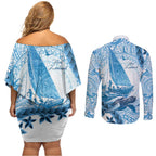 New Zealand Saling Couples Matching Off Shoulder Short Dress and Long Sleeve Button Shirt Aotearoa Yacht Racing - Born To Sail