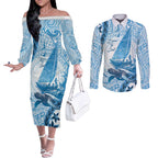 New Zealand Saling Couples Matching Off The Shoulder Long Sleeve Dress and Long Sleeve Button Shirt Aotearoa Yacht Racing - Born To Sail