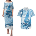 New Zealand Saling Couples Matching Puletasi and Hawaiian Shirt Aotearoa Yacht Racing - Born To Sail
