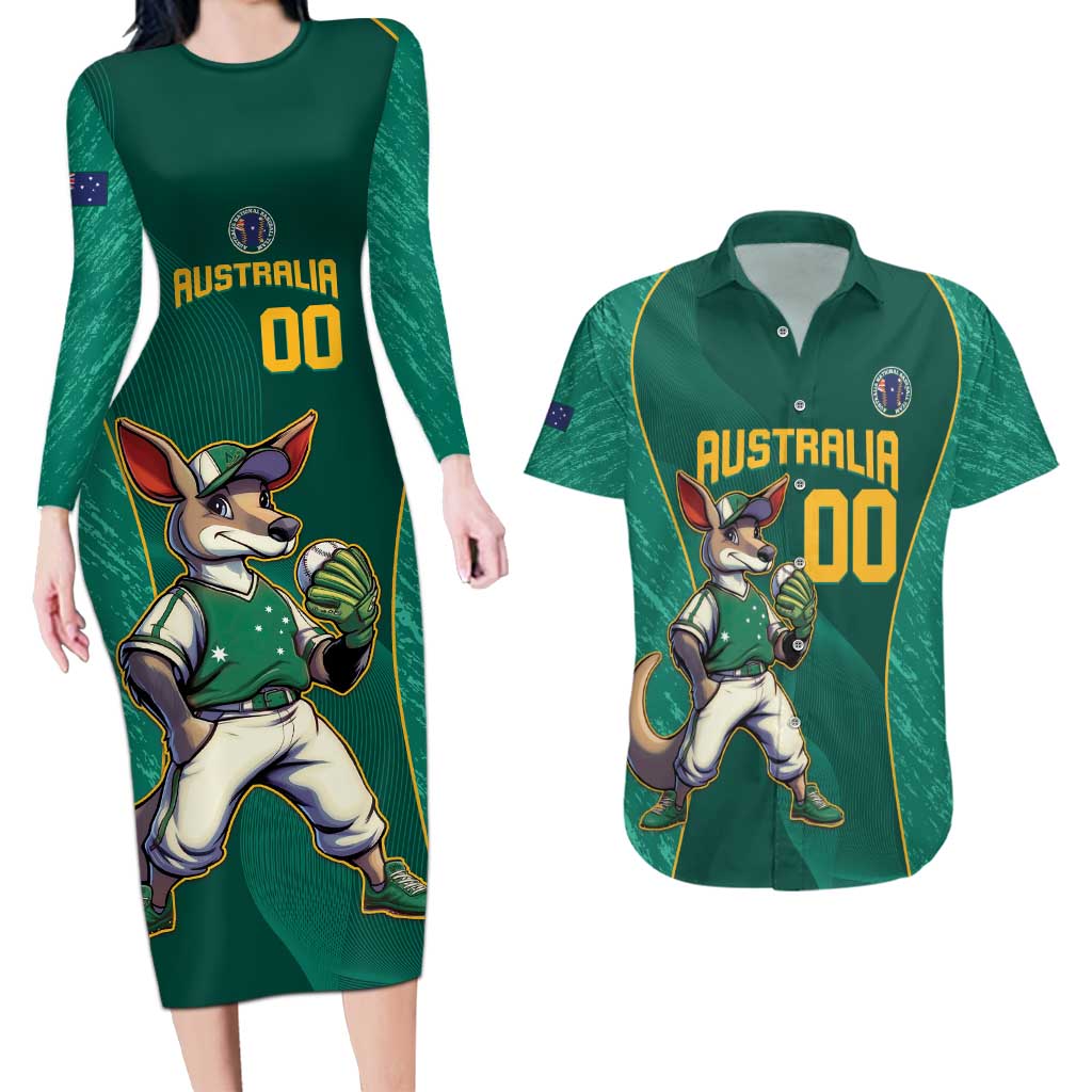 Custom Baseball Australia Couples Matching Long Sleeve Bodycon Dress and Hawaiian Shirt Go Champions - Aussie Kangaroo Mascot