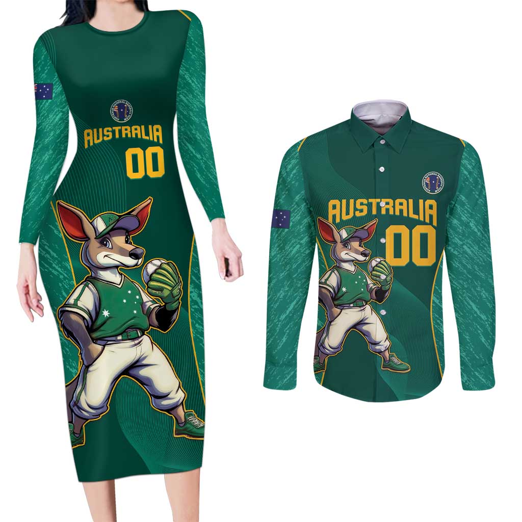 Custom Baseball Australia Couples Matching Long Sleeve Bodycon Dress and Long Sleeve Button Shirt Go Champions - Aussie Kangaroo Mascot