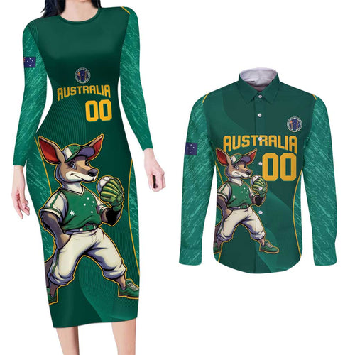 Custom Baseball Australia Couples Matching Long Sleeve Bodycon Dress and Long Sleeve Button Shirt Go Champions - Aussie Kangaroo Mascot