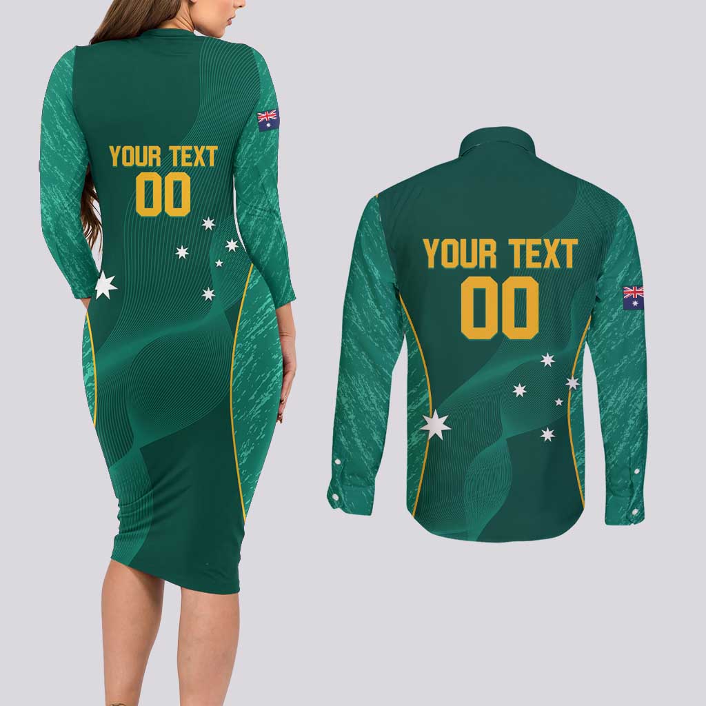 Custom Baseball Australia Couples Matching Long Sleeve Bodycon Dress and Long Sleeve Button Shirt Go Champions - Aussie Kangaroo Mascot