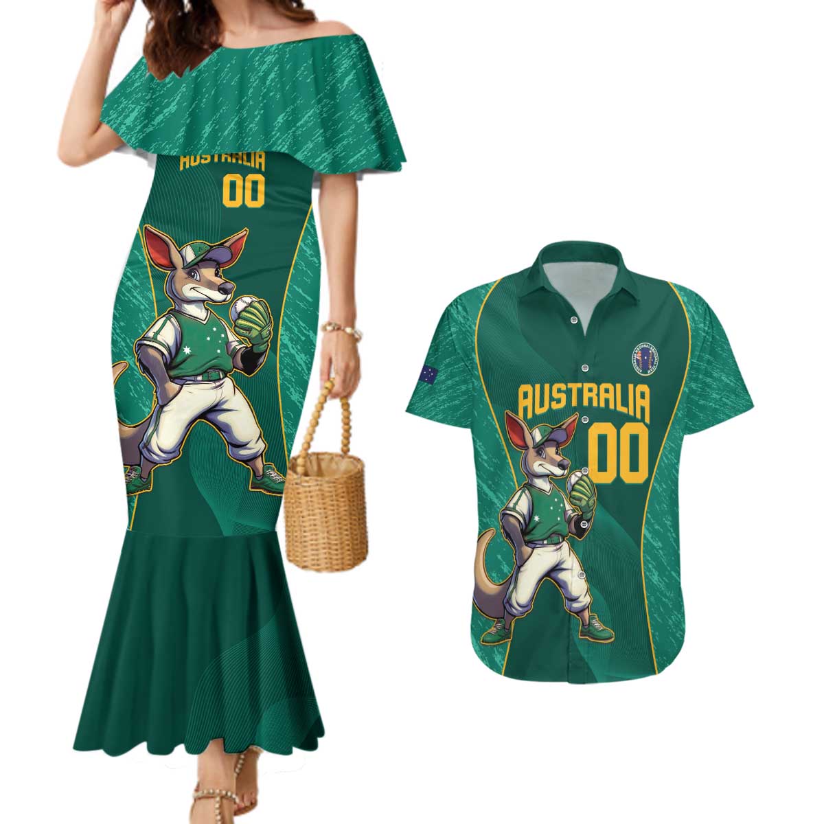 Custom Baseball Australia Couples Matching Mermaid Dress and Hawaiian Shirt Go Champions - Aussie Kangaroo Mascot
