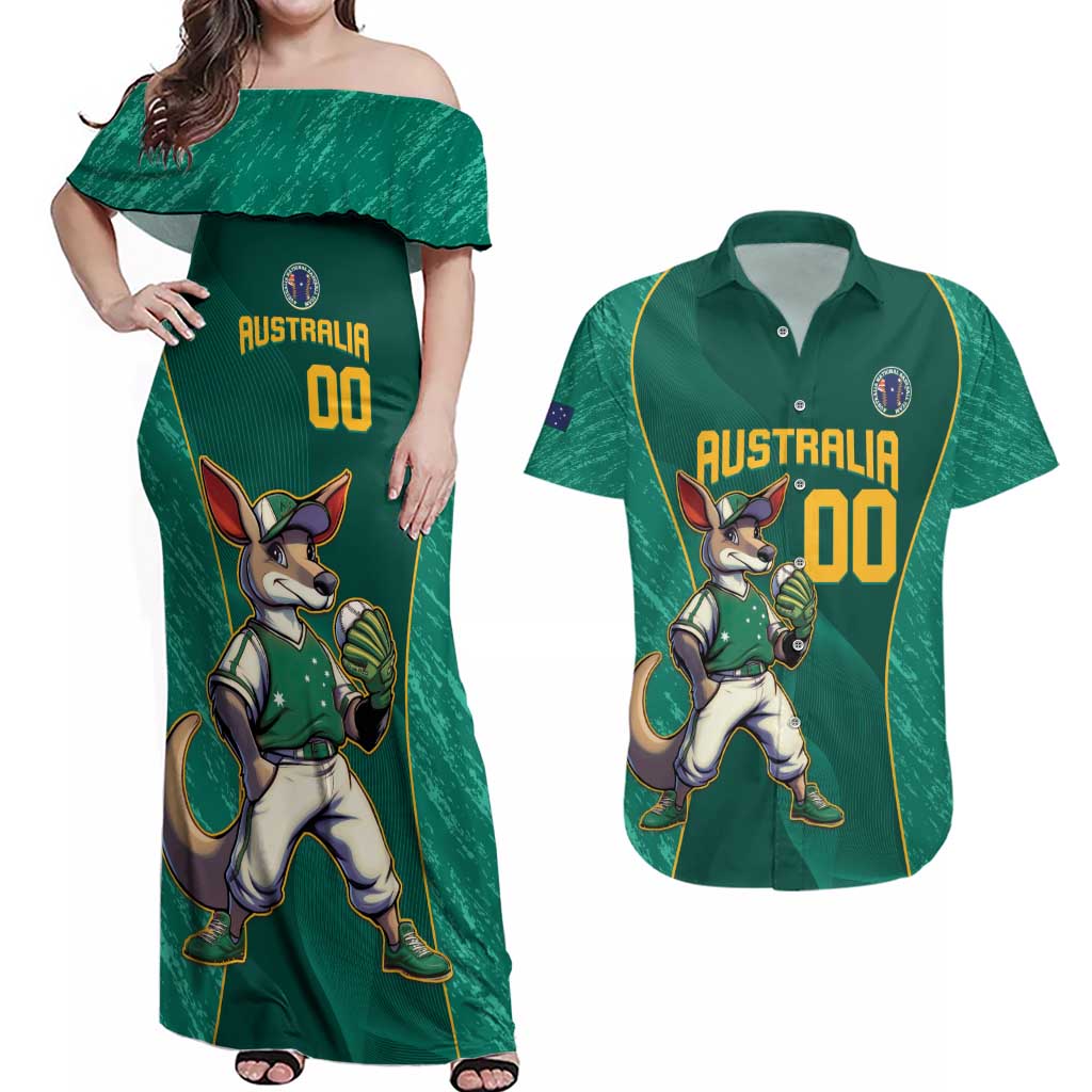 Custom Baseball Australia Couples Matching Off Shoulder Maxi Dress and Hawaiian Shirt Go Champions - Aussie Kangaroo Mascot