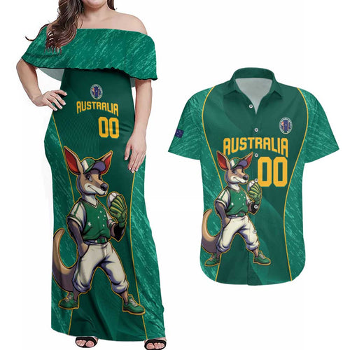 Custom Baseball Australia Couples Matching Off Shoulder Maxi Dress and Hawaiian Shirt Go Champions - Aussie Kangaroo Mascot