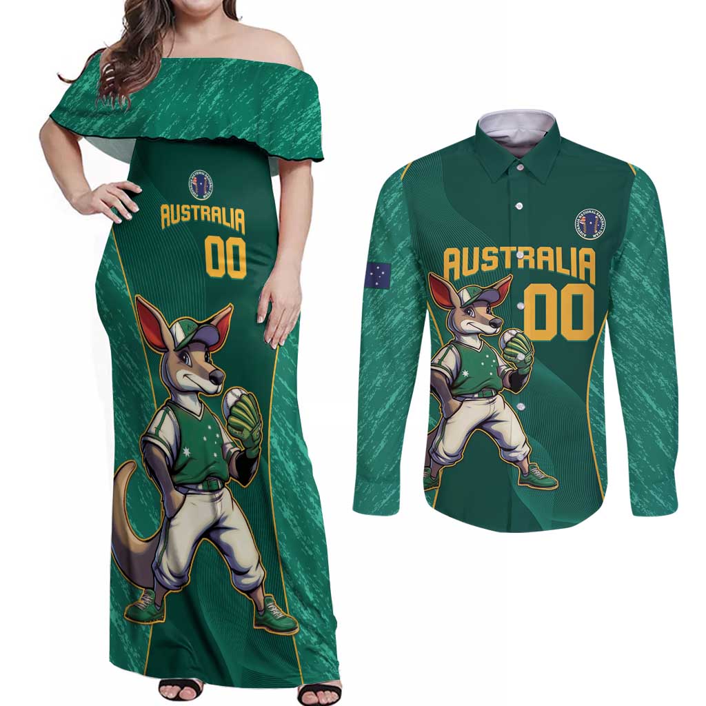 Custom Baseball Australia Couples Matching Off Shoulder Maxi Dress and Long Sleeve Button Shirt Go Champions - Aussie Kangaroo Mascot