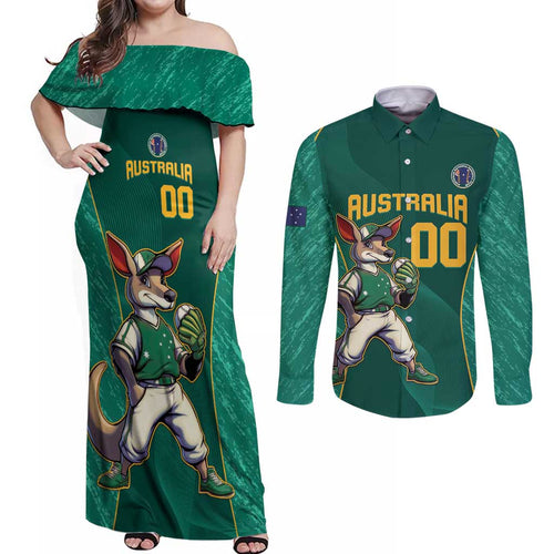 Custom Baseball Australia Couples Matching Off Shoulder Maxi Dress and Long Sleeve Button Shirt Go Champions - Aussie Kangaroo Mascot