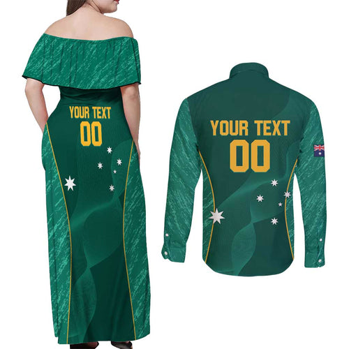 Custom Baseball Australia Couples Matching Off Shoulder Maxi Dress and Long Sleeve Button Shirt Go Champions - Aussie Kangaroo Mascot
