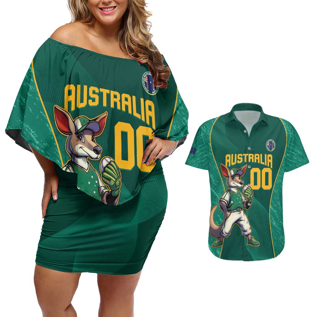 Custom Baseball Australia Couples Matching Off Shoulder Short Dress and Hawaiian Shirt Go Champions - Aussie Kangaroo Mascot