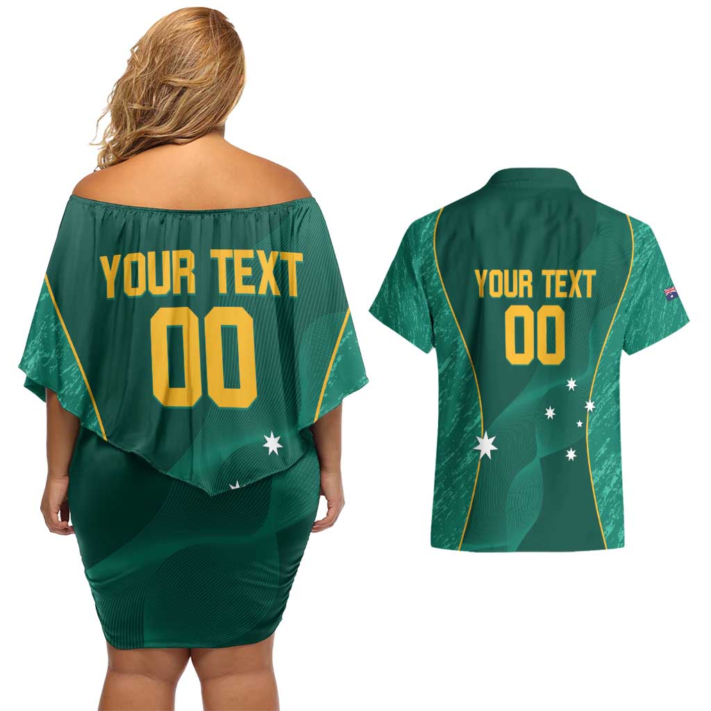 Custom Baseball Australia Couples Matching Off Shoulder Short Dress and Hawaiian Shirt Go Champions - Aussie Kangaroo Mascot