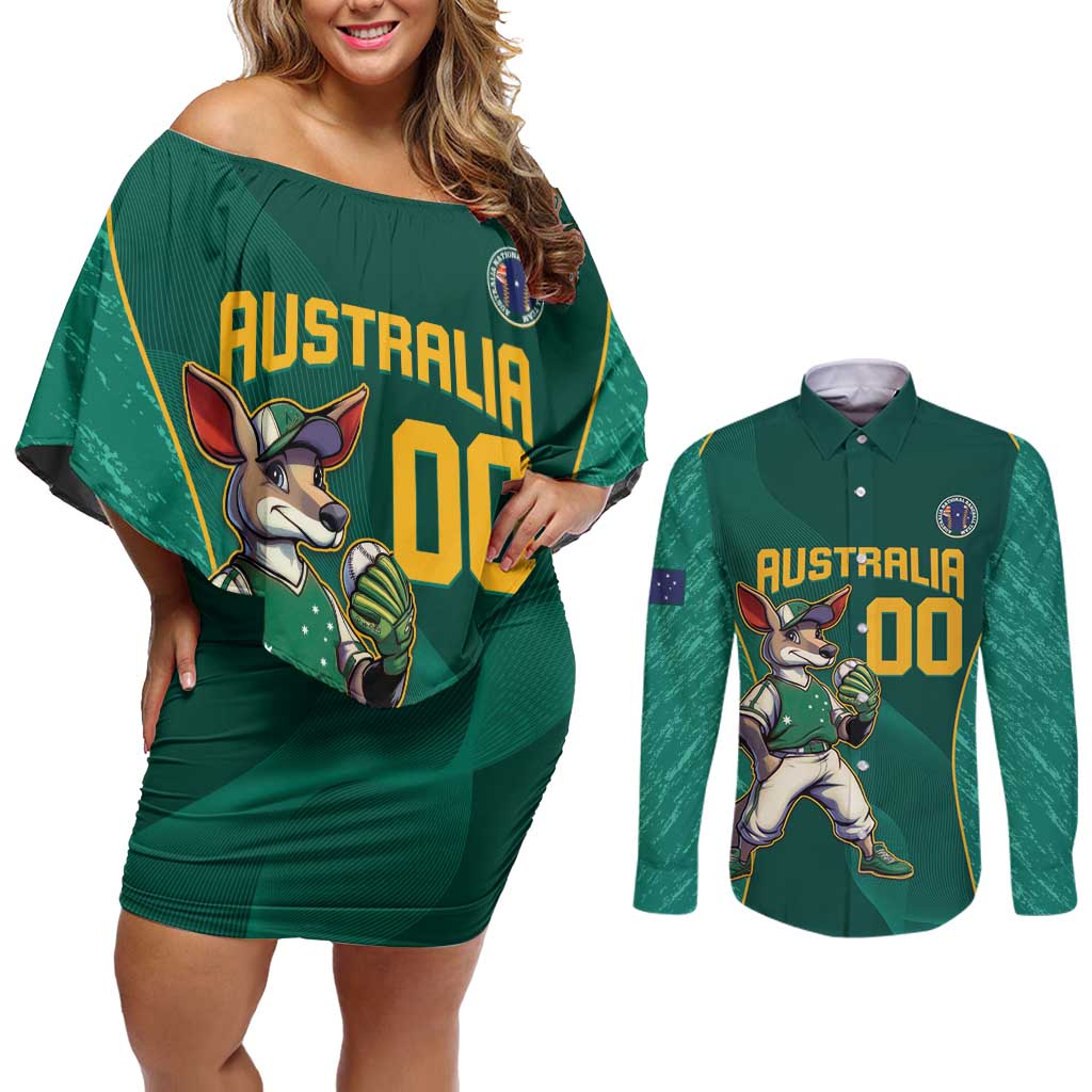 Custom Baseball Australia Couples Matching Off Shoulder Short Dress and Long Sleeve Button Shirt Go Champions - Aussie Kangaroo Mascot