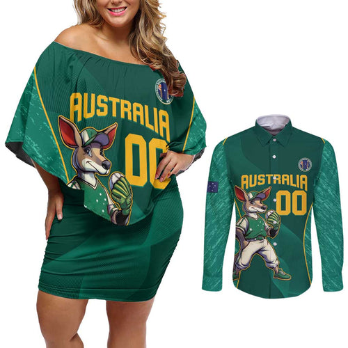 Custom Baseball Australia Couples Matching Off Shoulder Short Dress and Long Sleeve Button Shirt Go Champions - Aussie Kangaroo Mascot