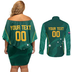 Custom Baseball Australia Couples Matching Off Shoulder Short Dress and Long Sleeve Button Shirt Go Champions - Aussie Kangaroo Mascot