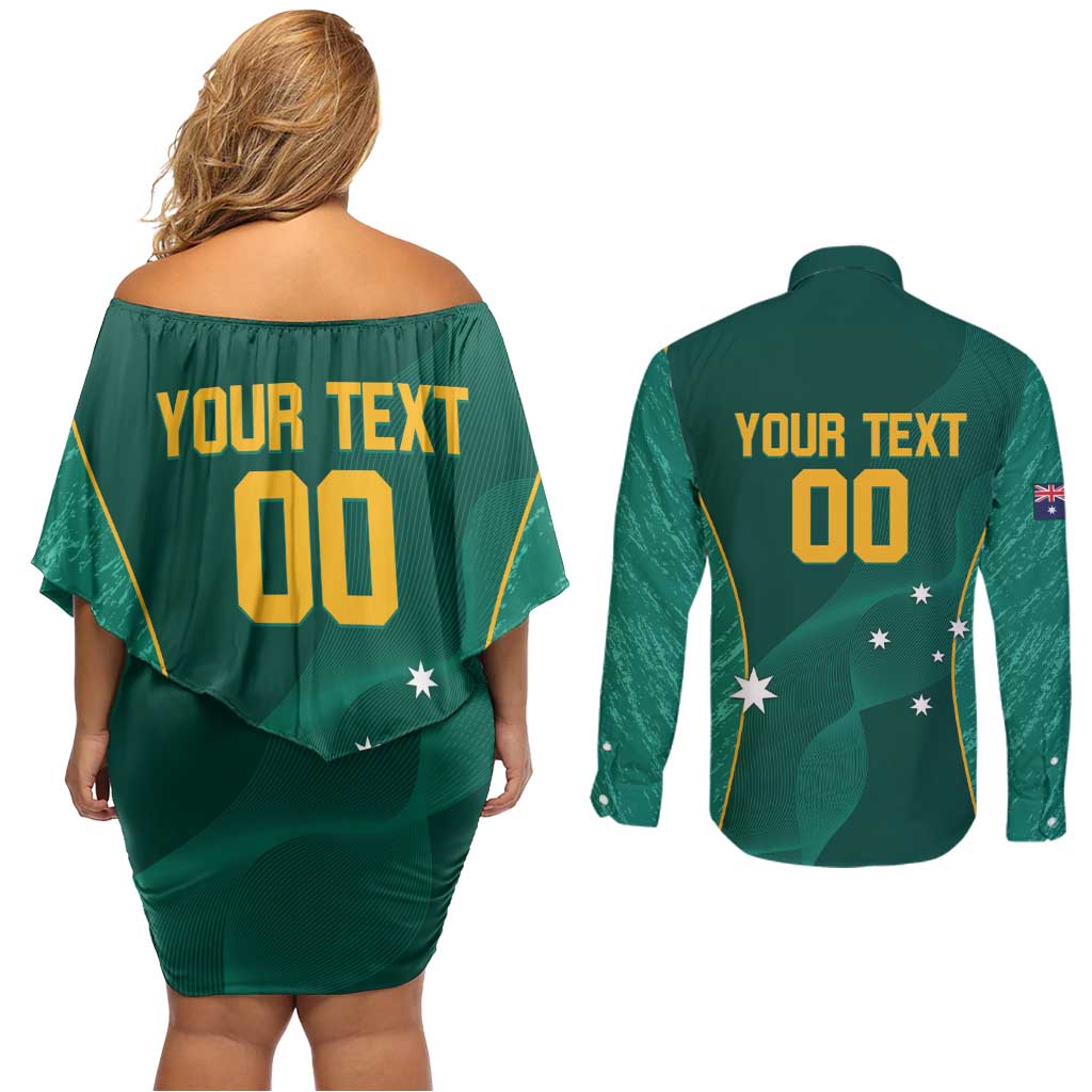 Custom Baseball Australia Couples Matching Off Shoulder Short Dress and Long Sleeve Button Shirt Go Champions - Aussie Kangaroo Mascot