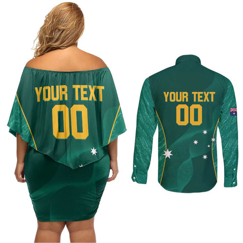 Custom Baseball Australia Couples Matching Off Shoulder Short Dress and Long Sleeve Button Shirt Go Champions - Aussie Kangaroo Mascot