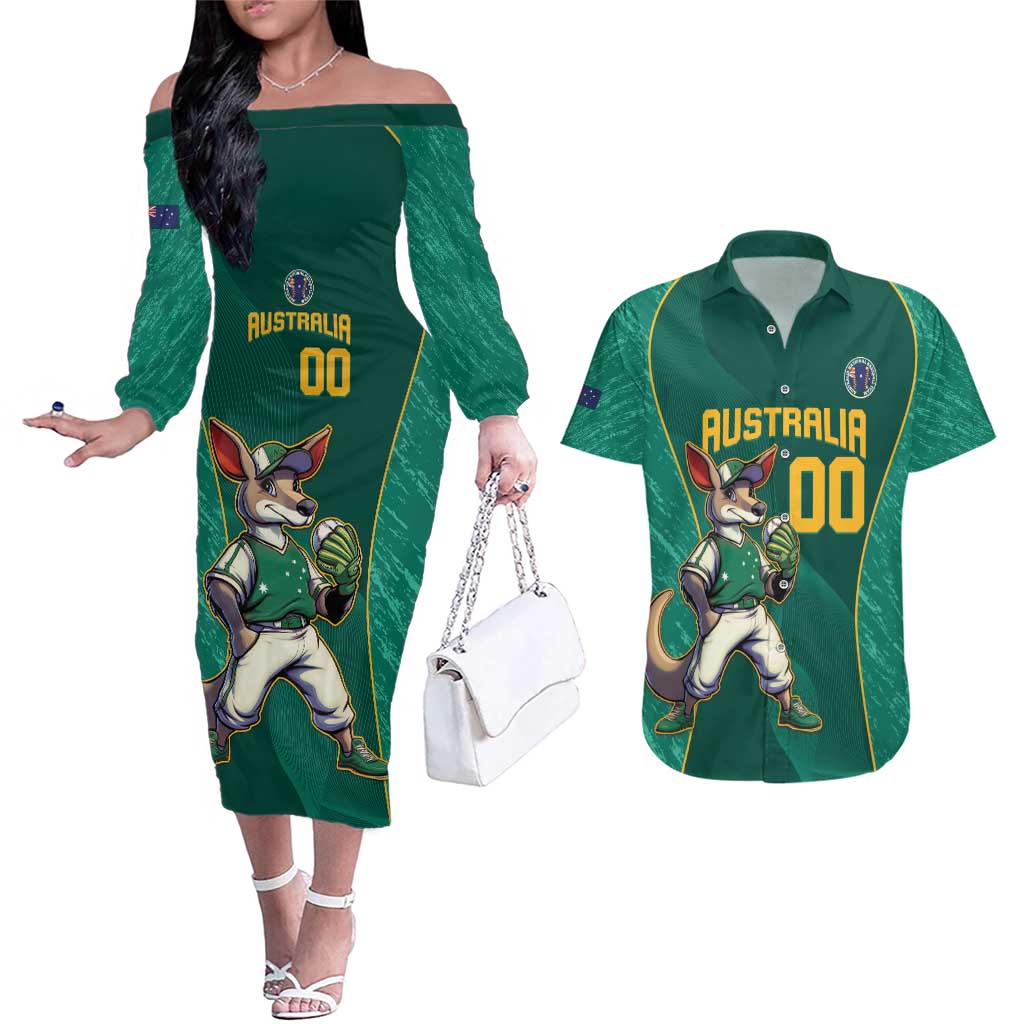 Custom Baseball Australia Couples Matching Off The Shoulder Long Sleeve Dress and Hawaiian Shirt Go Champions - Aussie Kangaroo Mascot