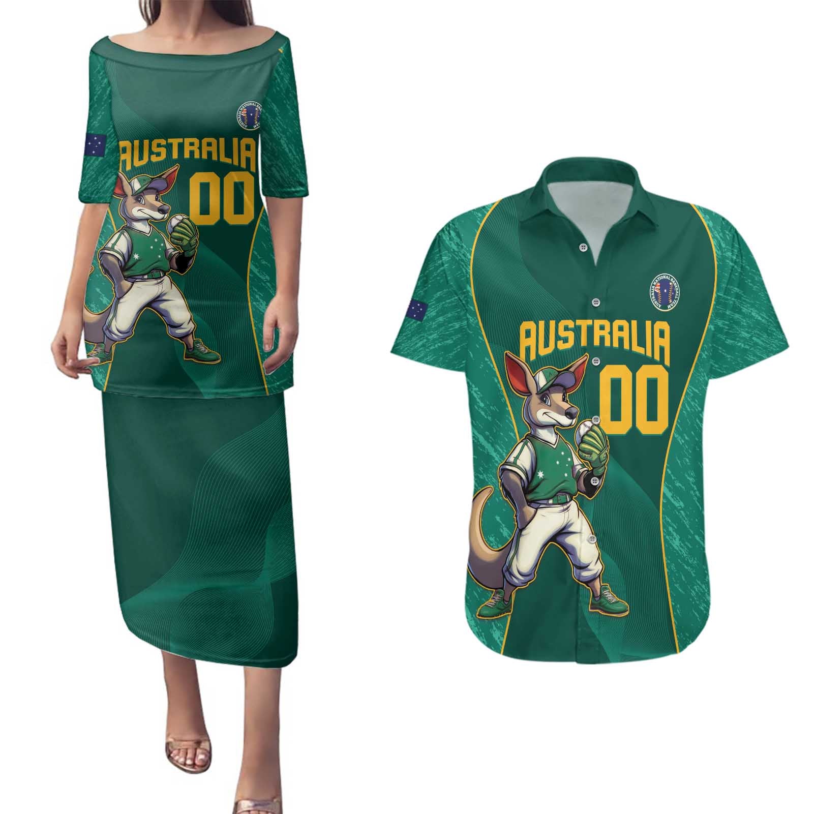 Custom Baseball Australia Couples Matching Puletasi and Hawaiian Shirt Go Champions - Aussie Kangaroo Mascot