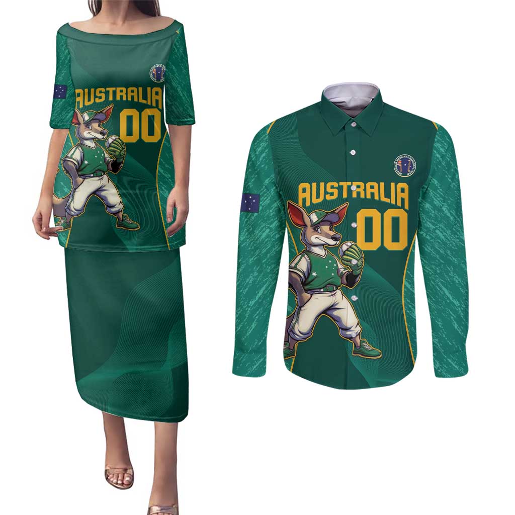 Custom Baseball Australia Couples Matching Puletasi and Long Sleeve Button Shirt Go Champions - Aussie Kangaroo Mascot