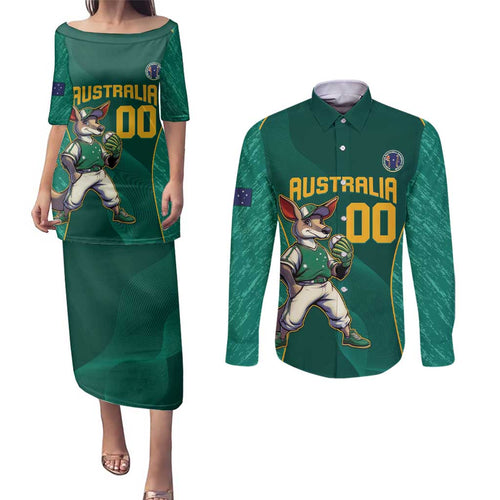 Custom Baseball Australia Couples Matching Puletasi and Long Sleeve Button Shirt Go Champions - Aussie Kangaroo Mascot